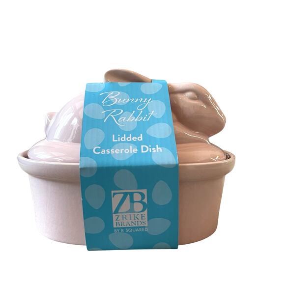 Zrike Brands Easter Bunny Rabbit Lidded Casserole Dish Pink Ceramic NEW - Picture 2 of 13